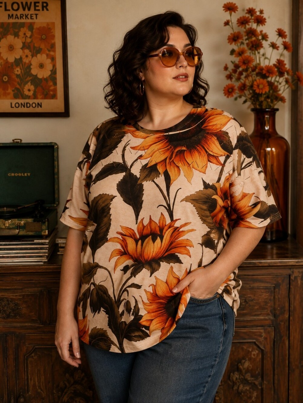 MODCLOTH LIGHTWEIGHT KNIT SUNFLOWER TOP SZ 2X